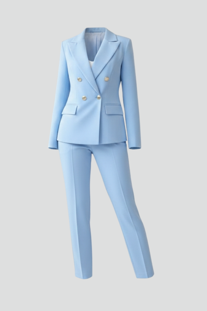 Elegant women's suit set with tailored jacket & straight-leg trousers, perfect for professional wear.