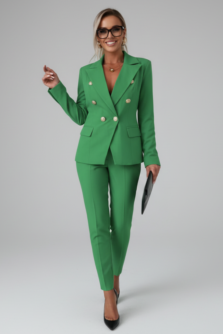 Elegant women's fashion: coordinated suit set with tailored jacket and flattering straight-leg trousers.