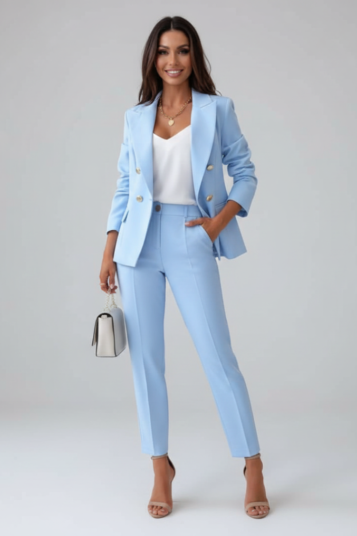 Professional women's business attire suit set, featuring a chic tailored jacket & straight-leg pants.