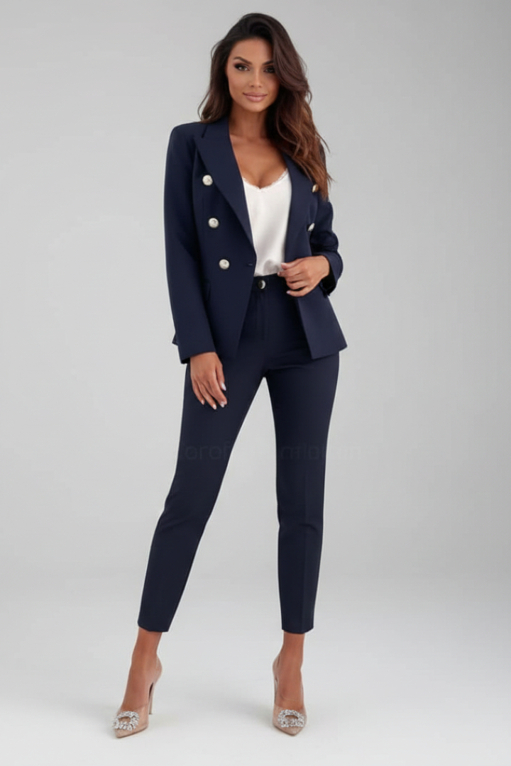 Elegant two-piece women's suit set, featuring a stylish tailored jacket and classic straight-leg trousers.