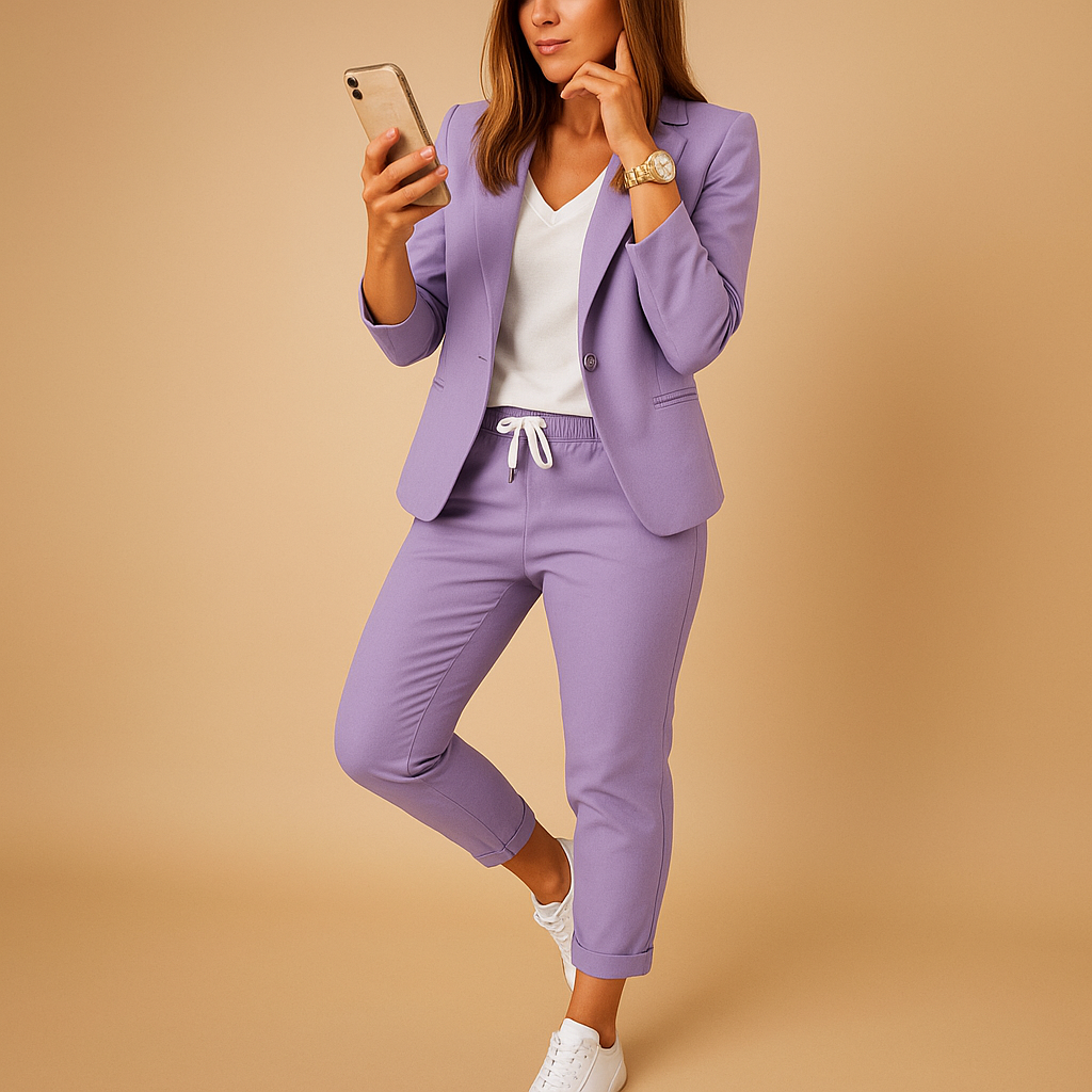 Elegant women's tailored blazer and trousers set in a classic color, perfect for professional office wear or business events.