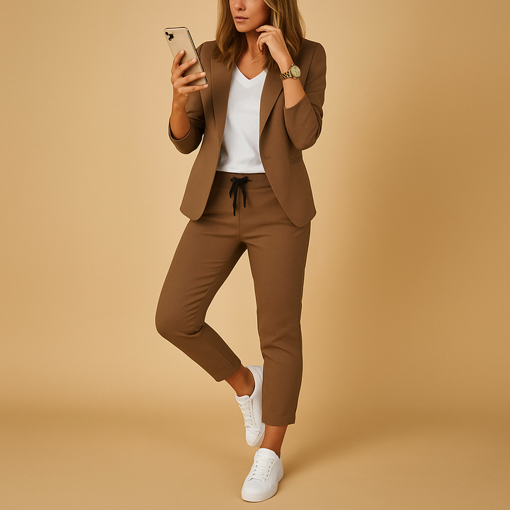 Modern elegant women's matching blazer and trousers set, a sophisticated tailored suit for contemporary professional wear.