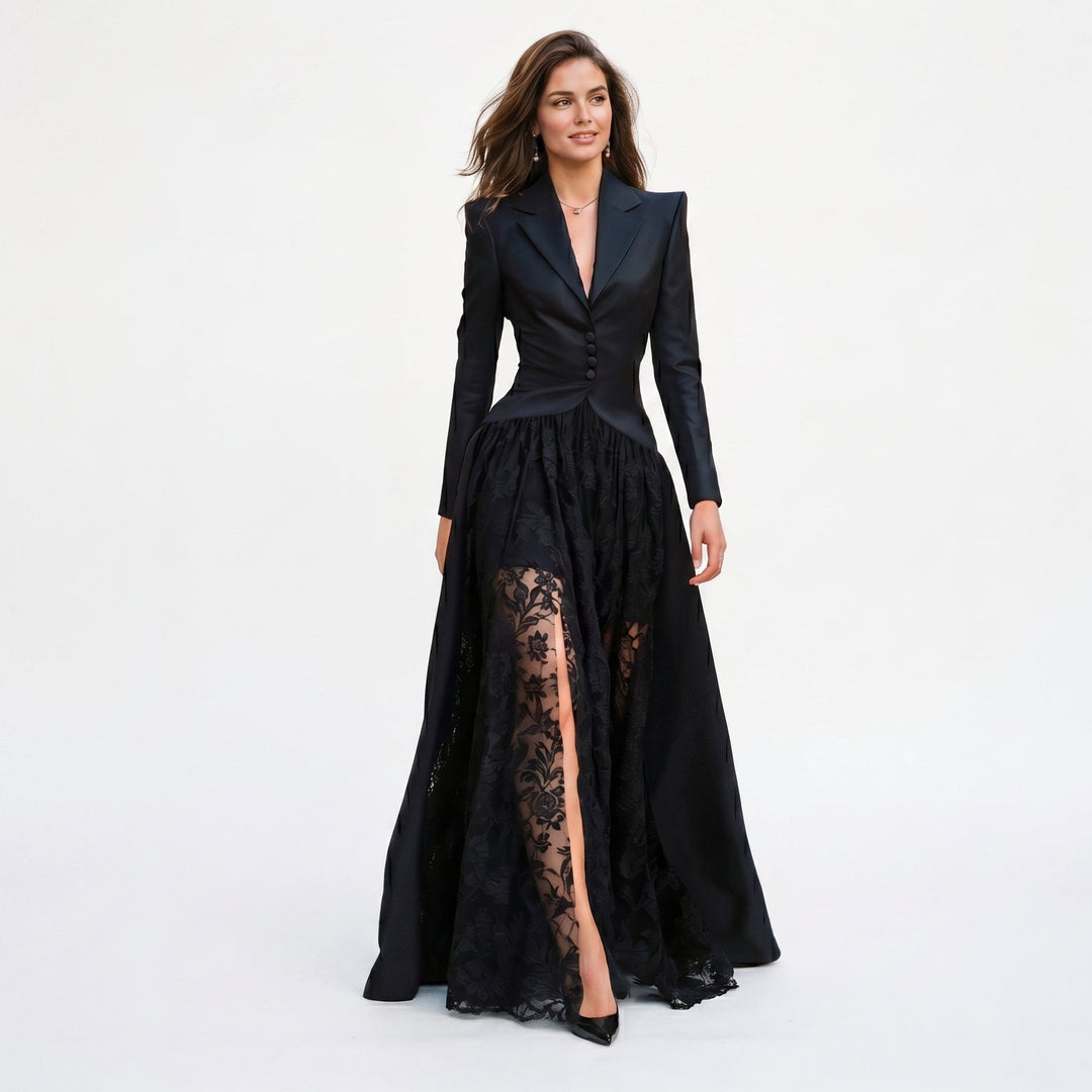 Elegant women's tailored blazer & evening gown set. Perfect formal wear for special occasions, galas, and red carpets.