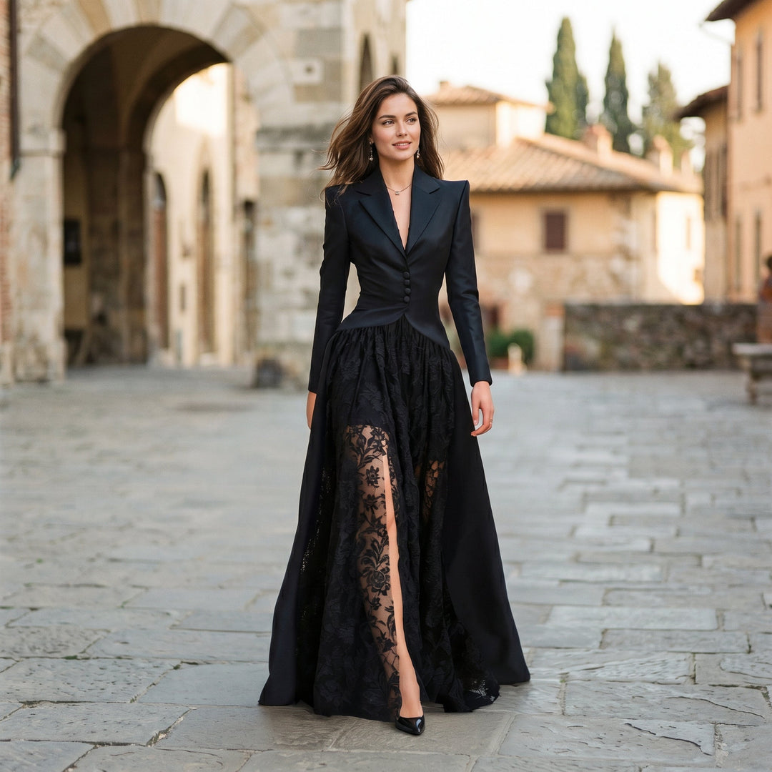 Sophisticated women's tailored blazer & evening gown set. Elegant black dress for galas, red carpets, & formal events.
