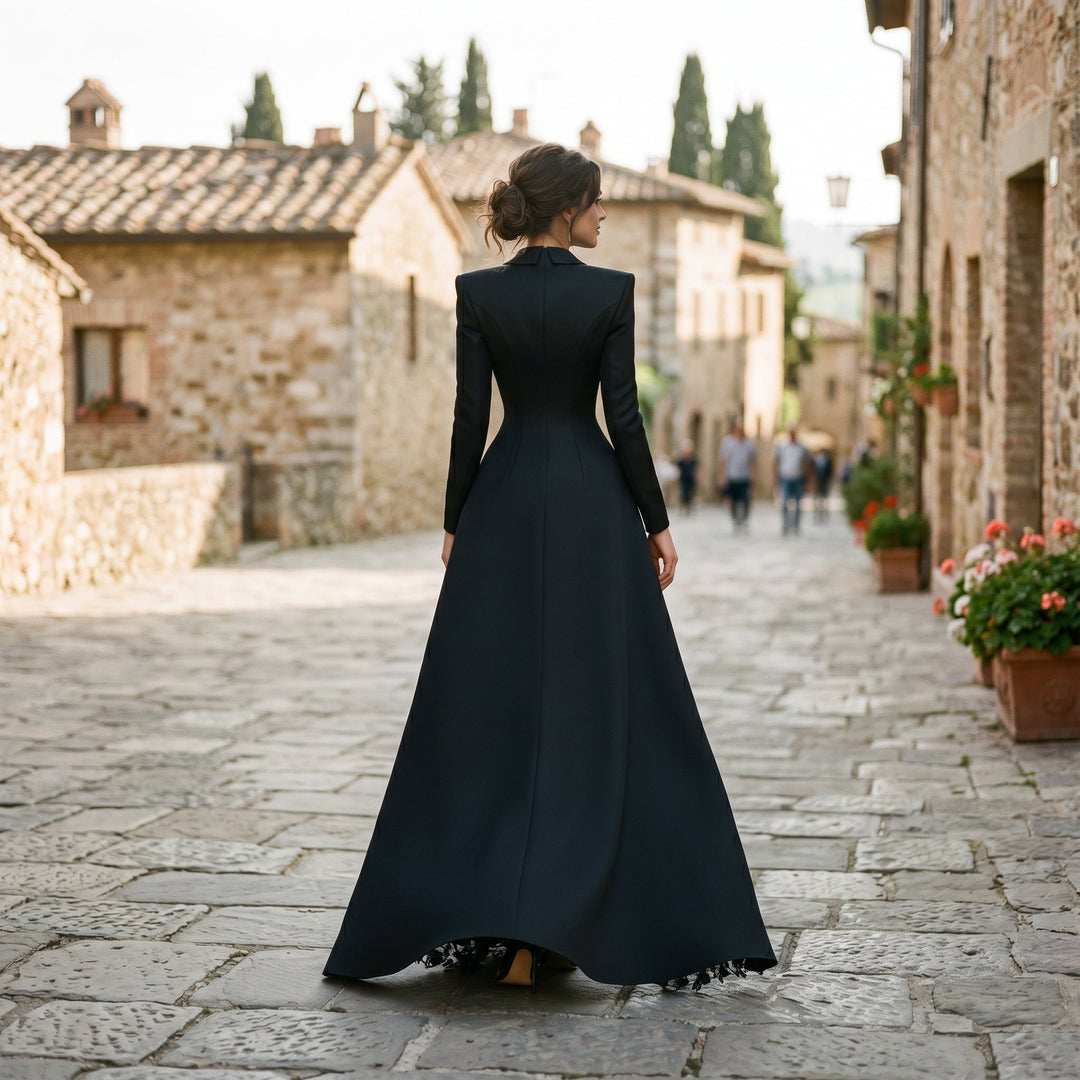 Chic women's tailored blazer & evening gown set. Modern formal fashion for special occasions, designer style.