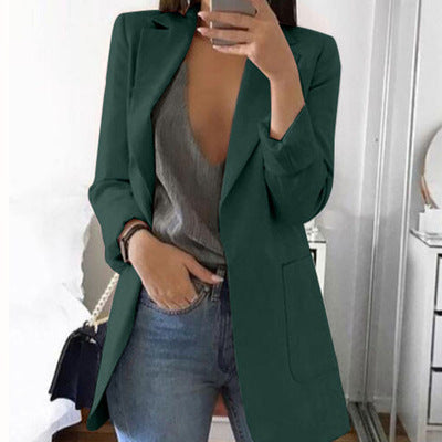 Elegant women's tailored blazer in black for professional office wear, long sleeve & chic look.