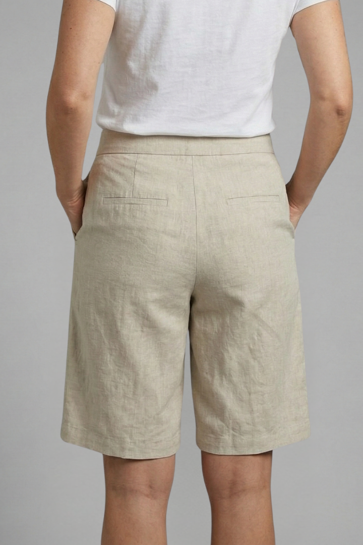 Versatile women's tailored shorts, knee-length flat front design for elegant & comfortable summer wear.