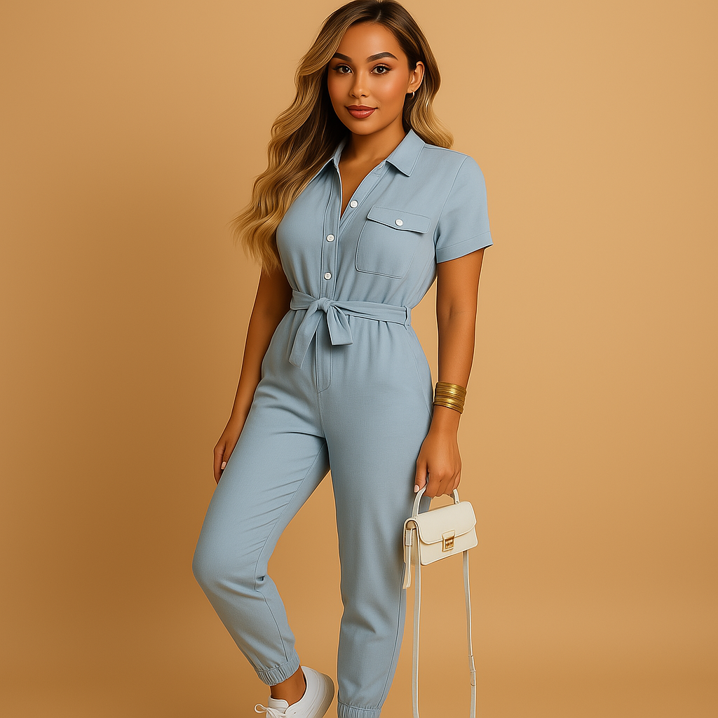 Professional & elegant women's tailored one-piece jumpsuit, perfect for office, brunch, and evening.