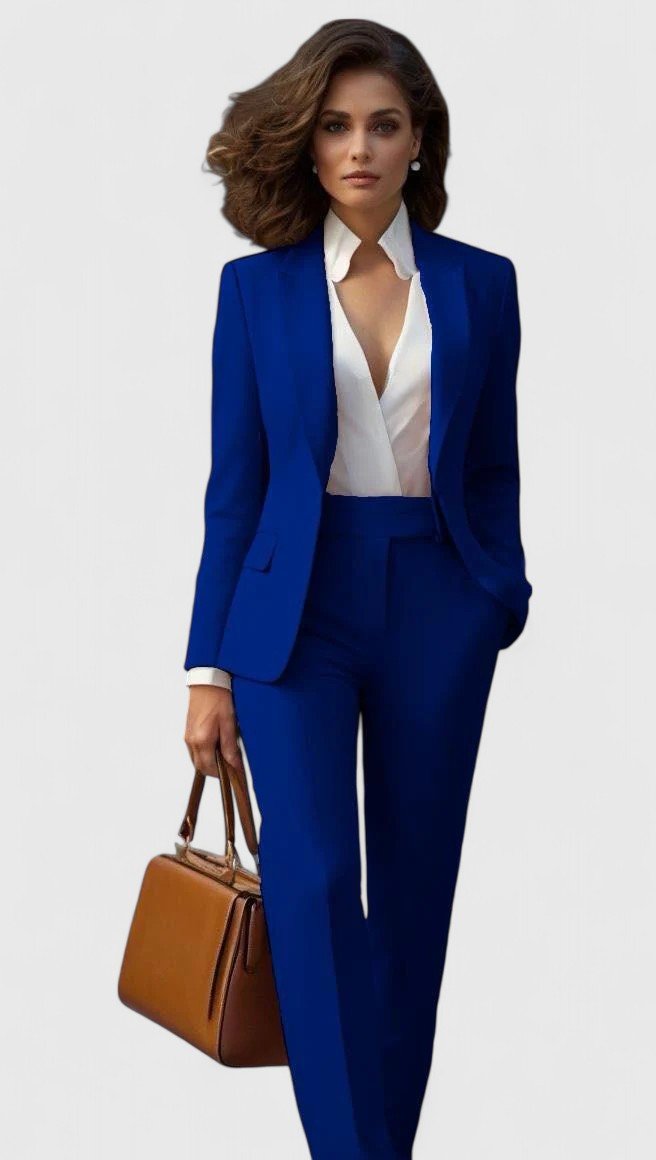 Full view of a woman in an elegant tailored suit set, ideal for professional business attire & formal events.