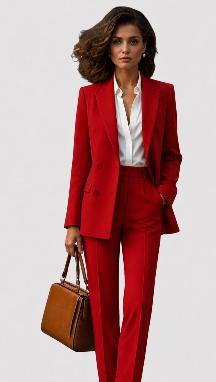 Classic ladies' tailored pantsuit, a complete matching set with a professional blazer and straight leg trousers.