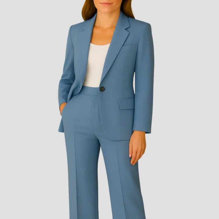 Two-piece women's elegant suit: a tailored blazer and wide leg pants, ideal for office fashion & formal occasions.