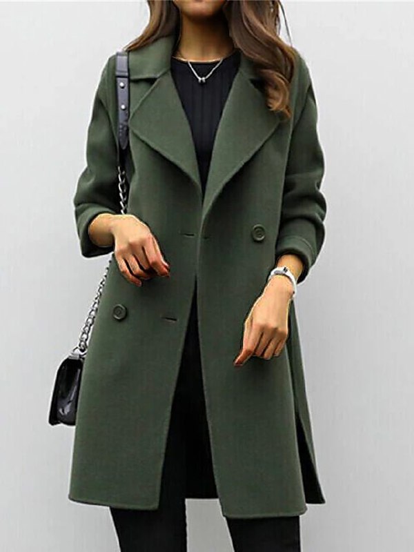 Elegant women's tailored wool winter coat with a high collar, perfect for cold weather fall fashion.