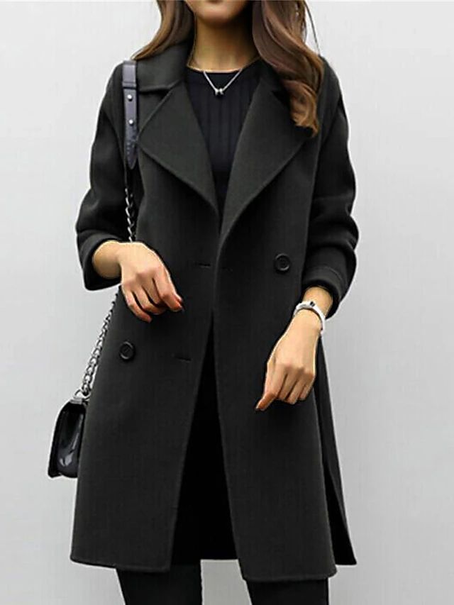 Classic long women's tailored winter coat, elegant fall outerwear featuring a high collar and sophisticated design.