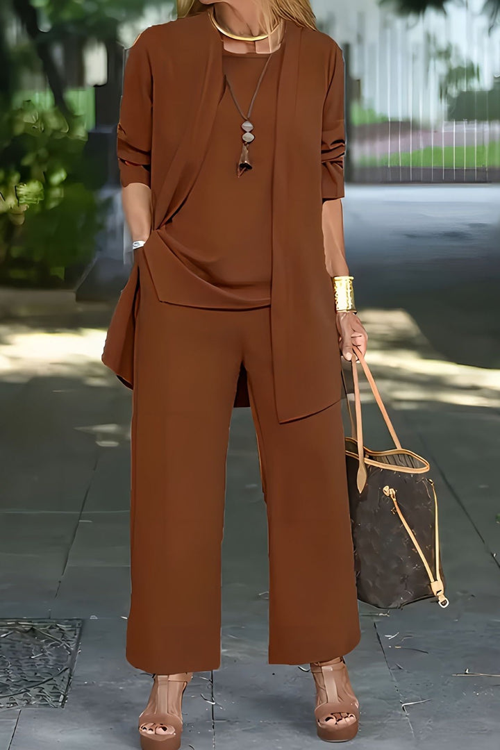 Stylish women's three-piece set; comfortable, coordinated outfit with wide-leg pants & versatile lightweight jacket.