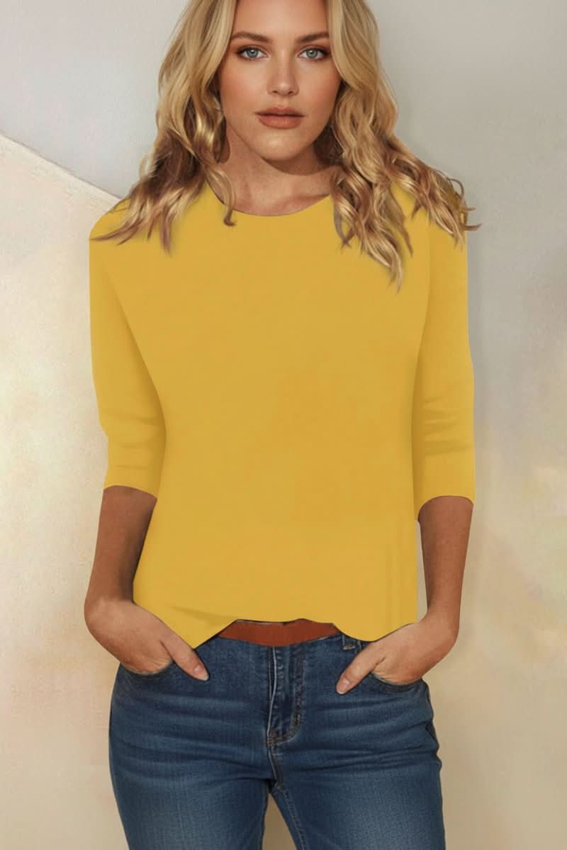 Dressy women's three-quarter sleeve blouse, an elegant evening top for versatile fashion.
