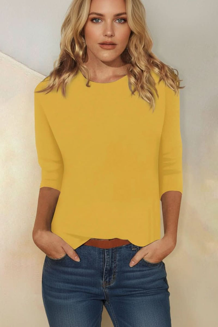 Dressy women's three-quarter sleeve blouse, an elegant evening top for versatile fashion.