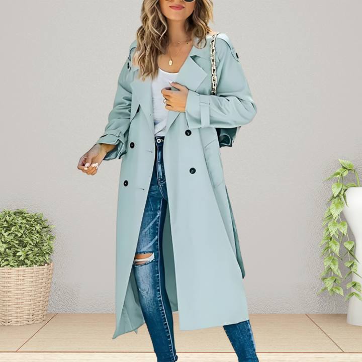 Women's classic long trench coat, an elegant transitional jacket for stylish spring & fall fashion.