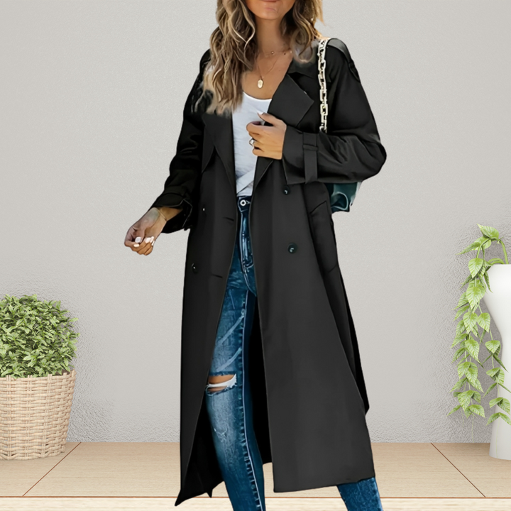 Versatile women's long trench coat, a classic transitional jacket for elegant spring & fall fashion.
