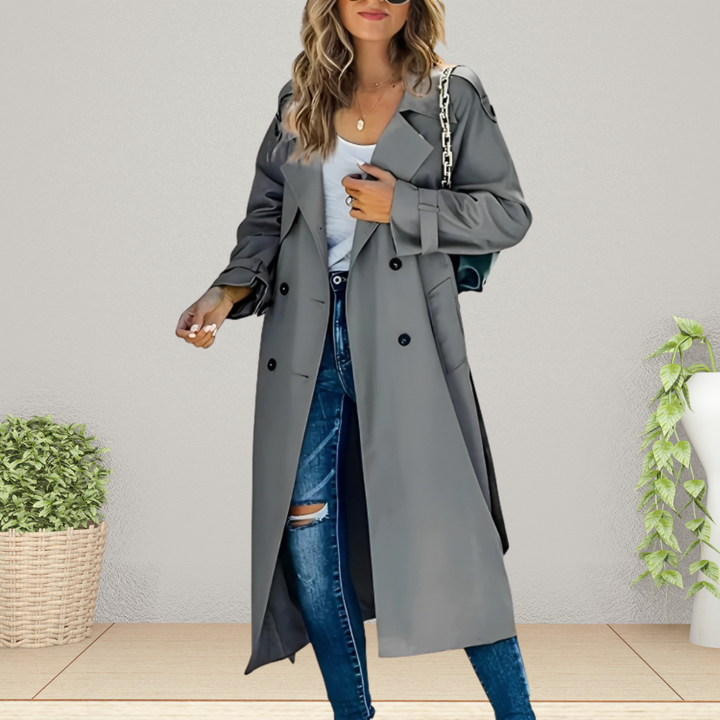 Sophisticated women's trench coat, an elegant long jacket for transitional spring & fall outerwear.