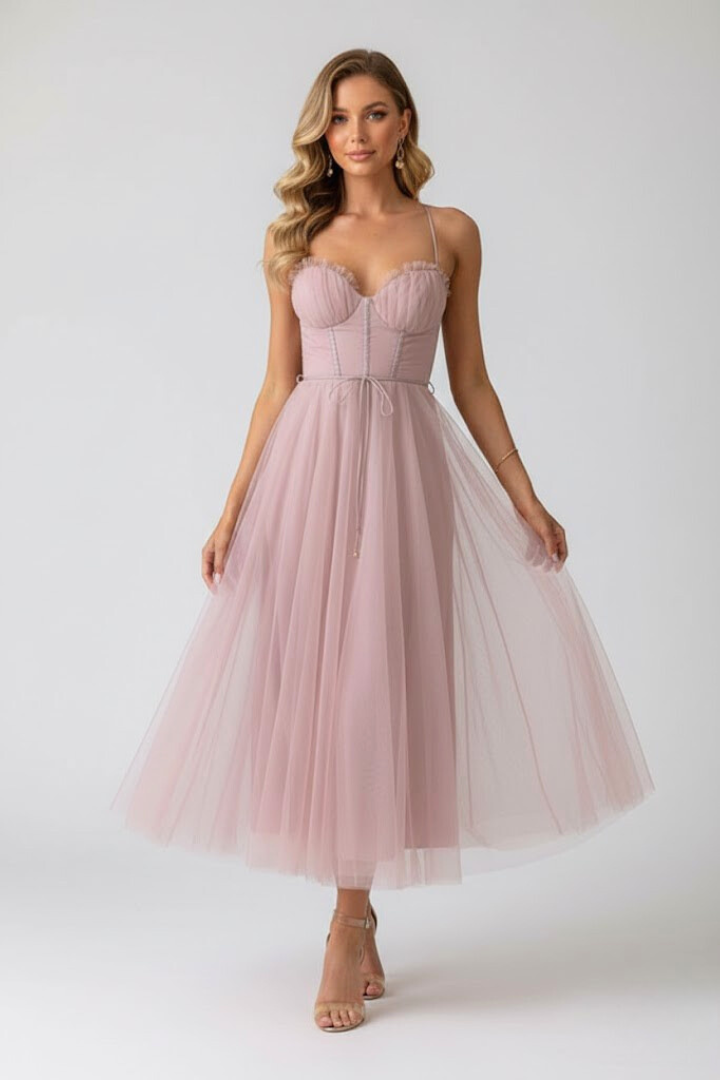 Sweetheart neckline tulle midi dress for women, elegant and perfect for parties & special occasions.