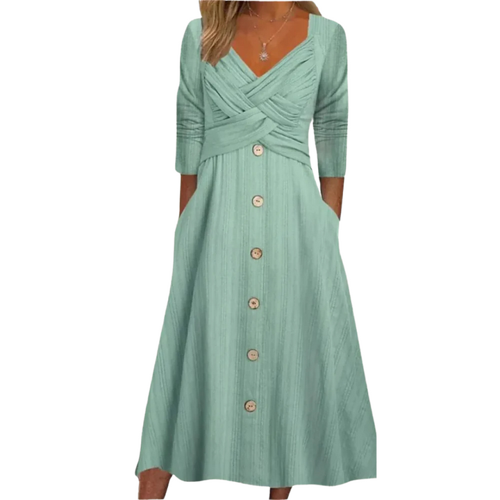 Elegant women's tummy control midi dress with square neckline & button-down A-line skirt. Perfect for summer.