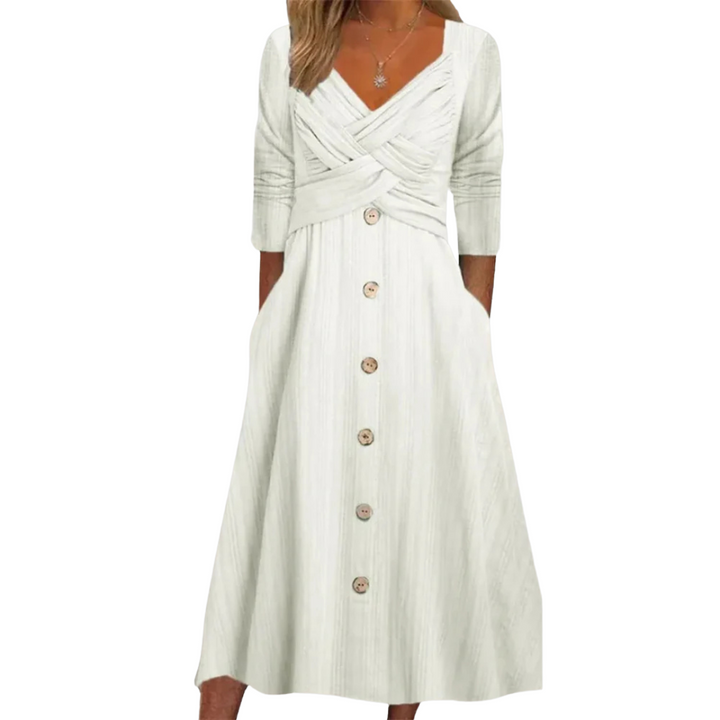 Chic women's midi dress featuring square neckline, button-down front, tummy control & modest mid-length sleeves.