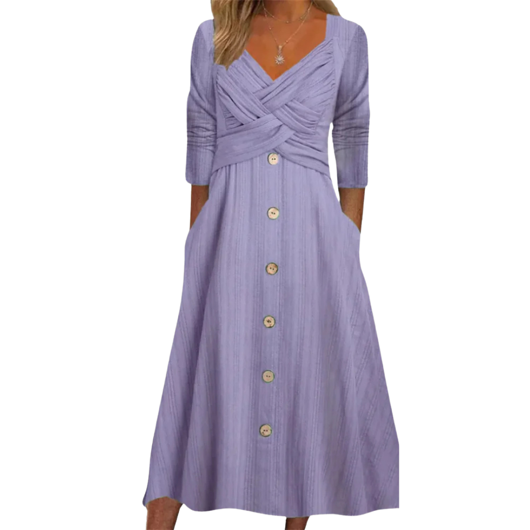 Stylish women's elegant midi dress for everyday wear, with tummy control, A-line cut & square neck. Summer fashion.