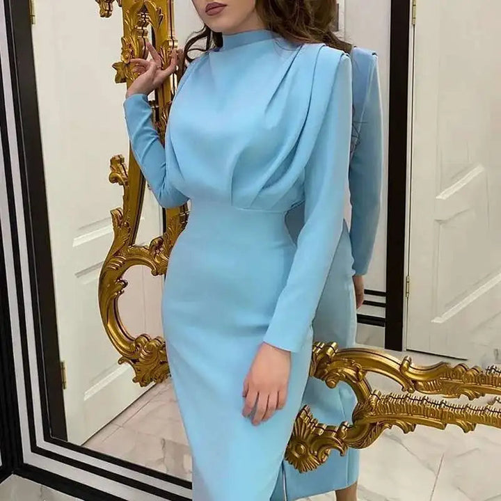 Elegant women's turtleneck bodycon midi dress, slim fit, long sleeve, perfect for autumn office or evening.
