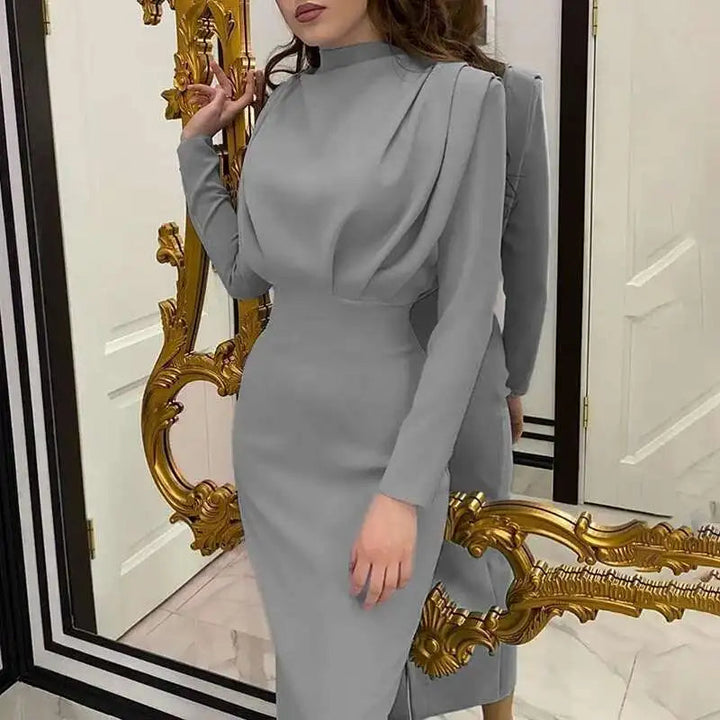 Chic women's long sleeve turtleneck bodycon midi dress. Slim fit design, ideal for professional and evening wear.