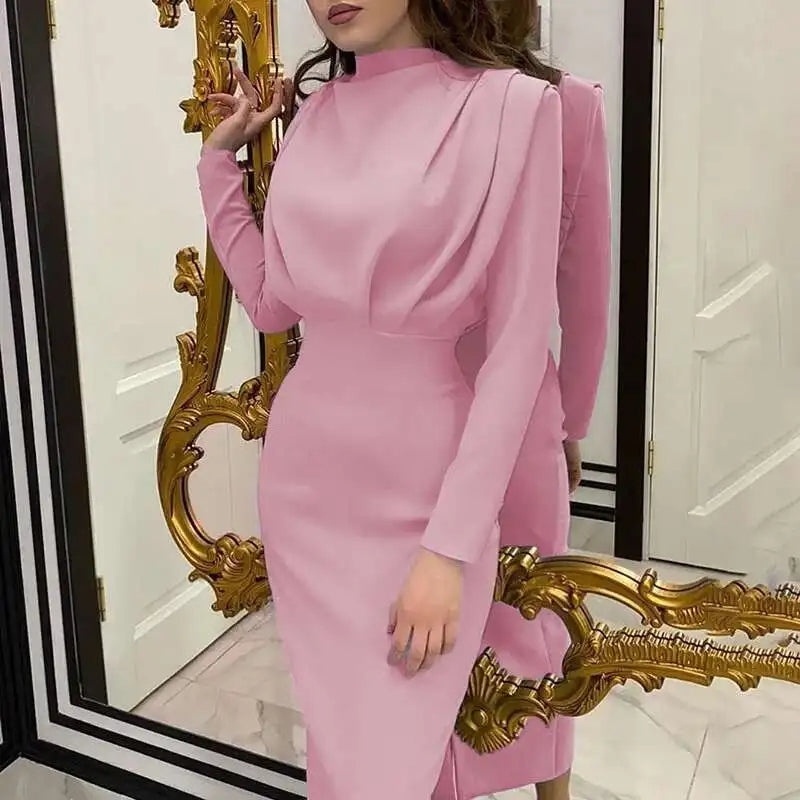 Women's autumn/winter turtleneck bodycon midi dress. Elegant slim fit with long sleeves, perfect for office wear.