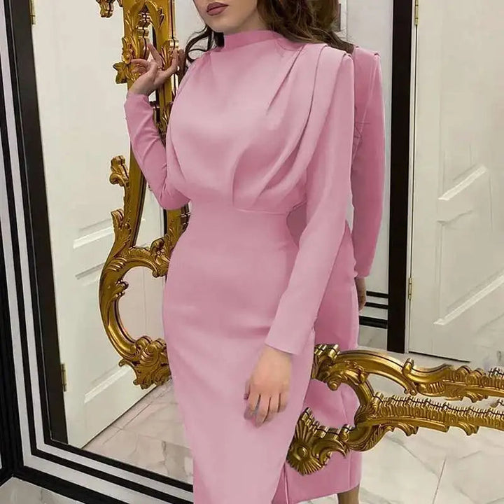 Women's autumn/winter turtleneck bodycon midi dress. Elegant slim fit with long sleeves, perfect for office wear.