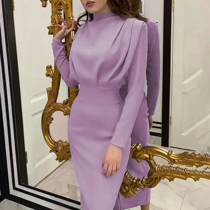 Stylish women's long sleeve bodycon midi dress with a turtleneck. A comfortable yet chic slim fit for daily elegance.