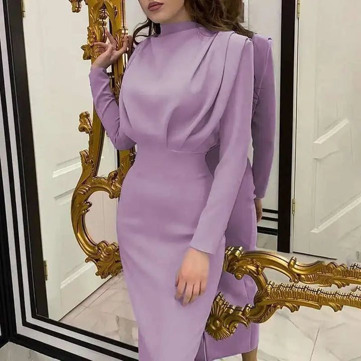Stylish women's long sleeve bodycon midi dress with a turtleneck. A comfortable yet chic slim fit for daily elegance.