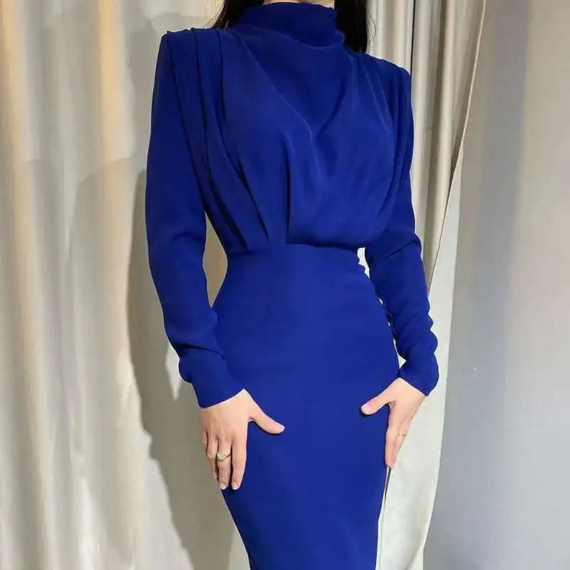 Classic women's slim fit turtleneck midi dress with long sleeves, offering an elegant silhouette for work or special occasions.