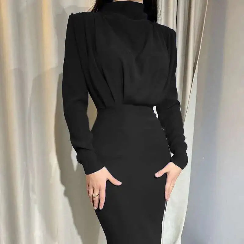 Graceful women's turtleneck bodycon midi dress, long sleeve, sleek slim fit for a fashionable and refined look.