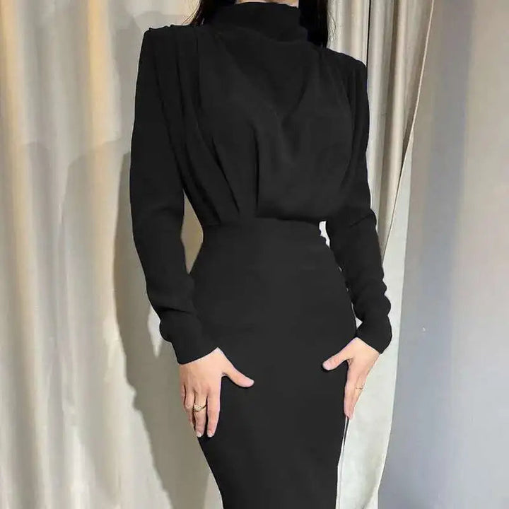 Graceful women's turtleneck bodycon midi dress, long sleeve, sleek slim fit for a fashionable and refined look.