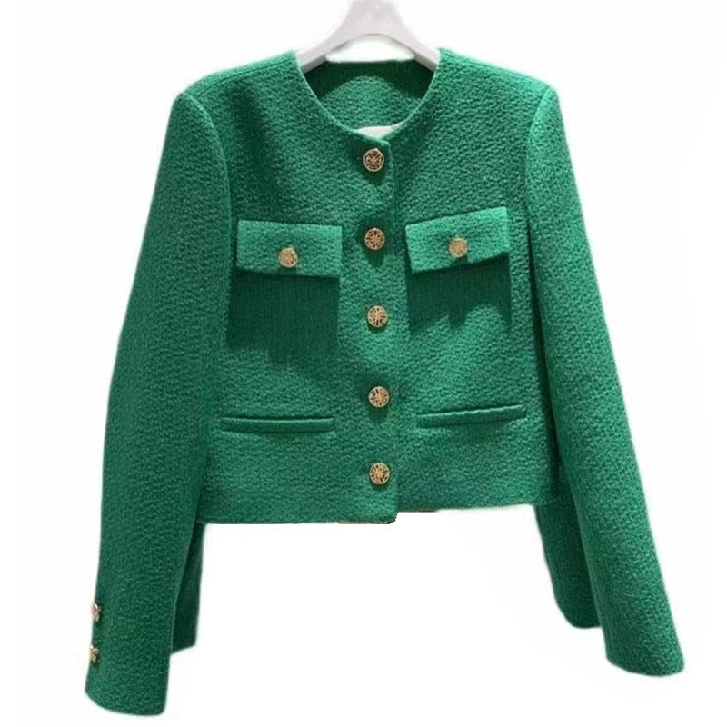 Elegant women's tweed jacket, round neck, a timeless classic style for versatile ladies' outerwear.