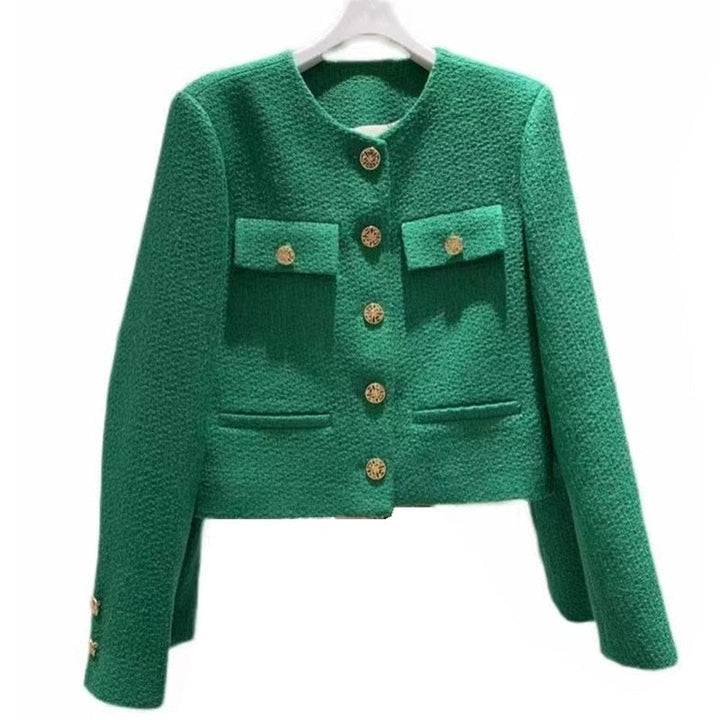 Elegant women's tweed jacket, round neck, a timeless classic style for versatile ladies' outerwear.