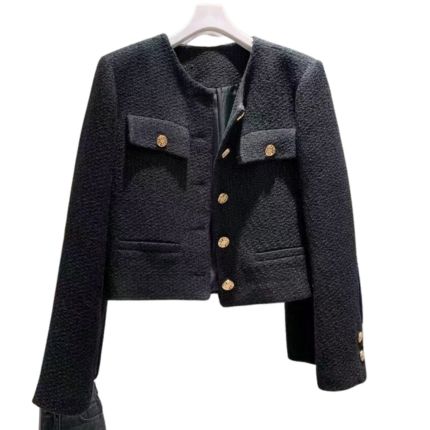Versatile women's round neck tweed jacket, perfect for sophisticated and casual chic ladies' fashion.