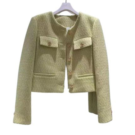 Timeless women's elegant tweed jacket with a round neck, essential classic outerwear for ladies.