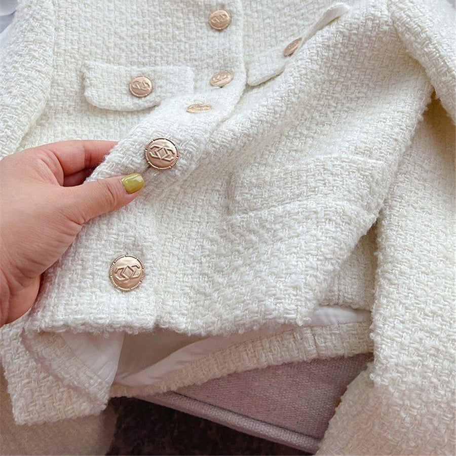 Ladies' elegant tweed jacket, round neck, perfect classic style outerwear for modern women.