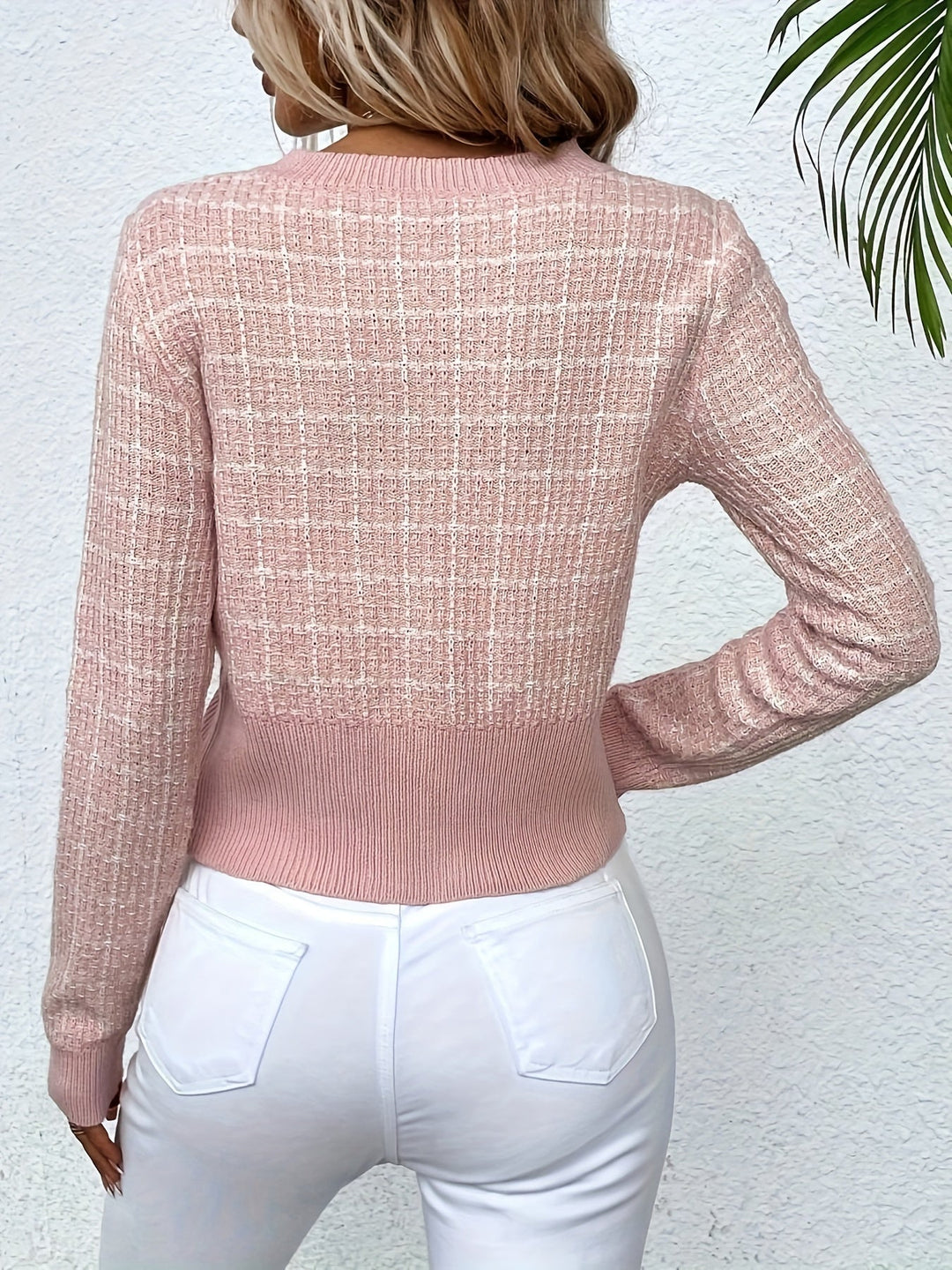 Fashionable women's tweed knit button-front cardigan, great for layering over dresses or tops.