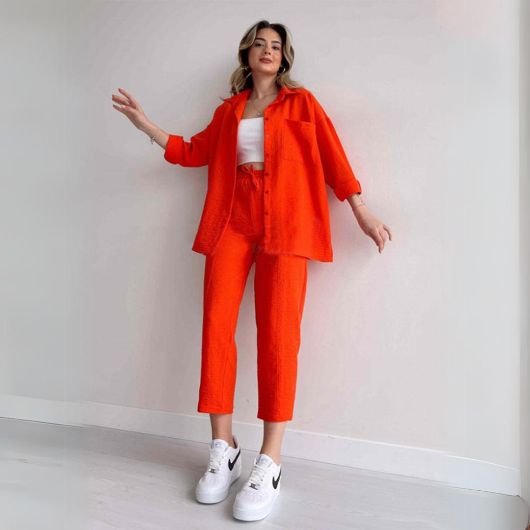 Versatile women's matching outfit set. Elegant, comfortable two-piece with linen long sleeve top & wide leg pants.