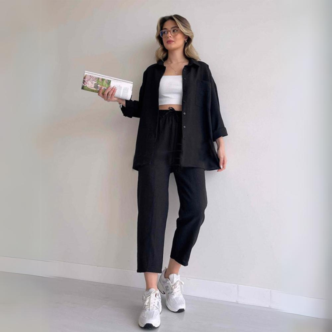 Casual yet elegant women's summer two-piece outfit. Lightweight linen long sleeve top & flowy wide leg pants.