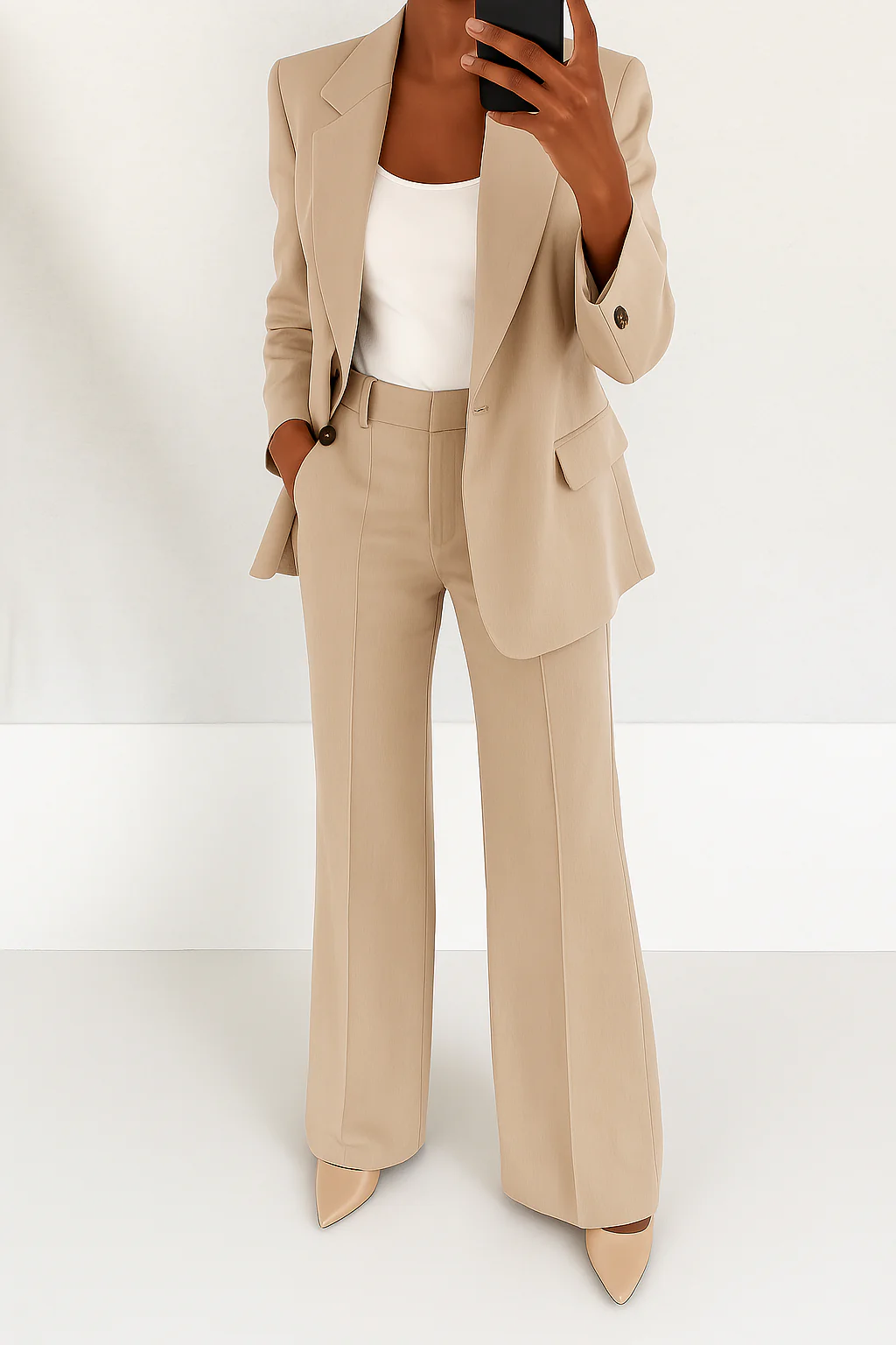 Stylish women's wide-leg pants from an elegant two-piece suit set. Comfortable and chic for business or evening wear.