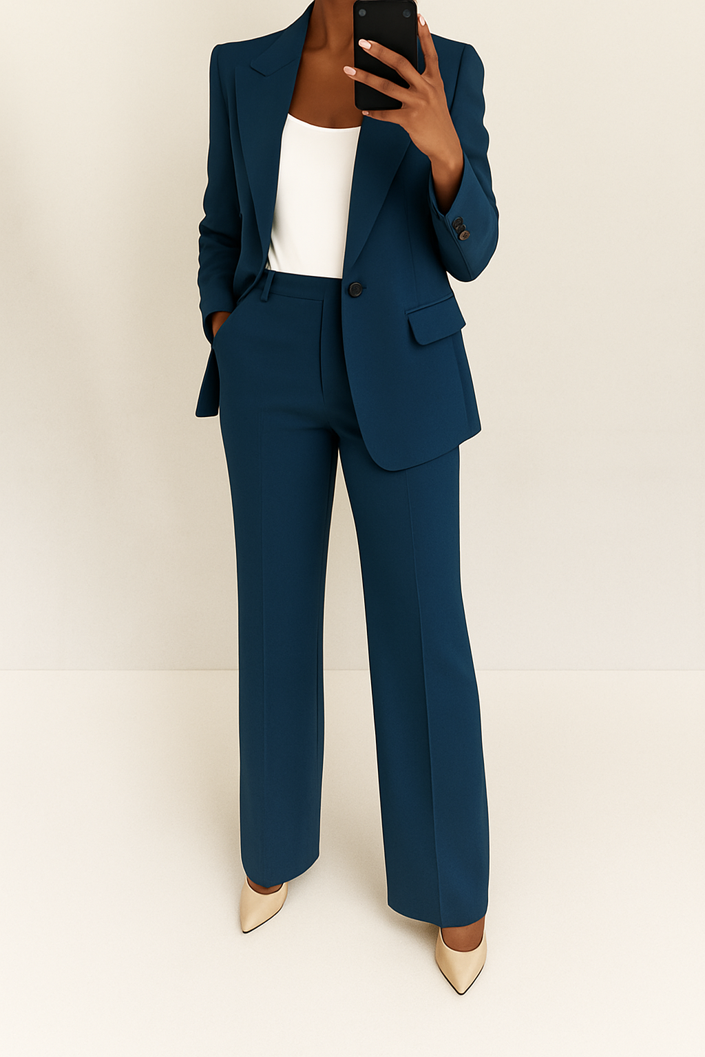 Fashionable women's elegant suit set: a tailored blazer and wide-leg pants, perfect for business meetings or evening wear.