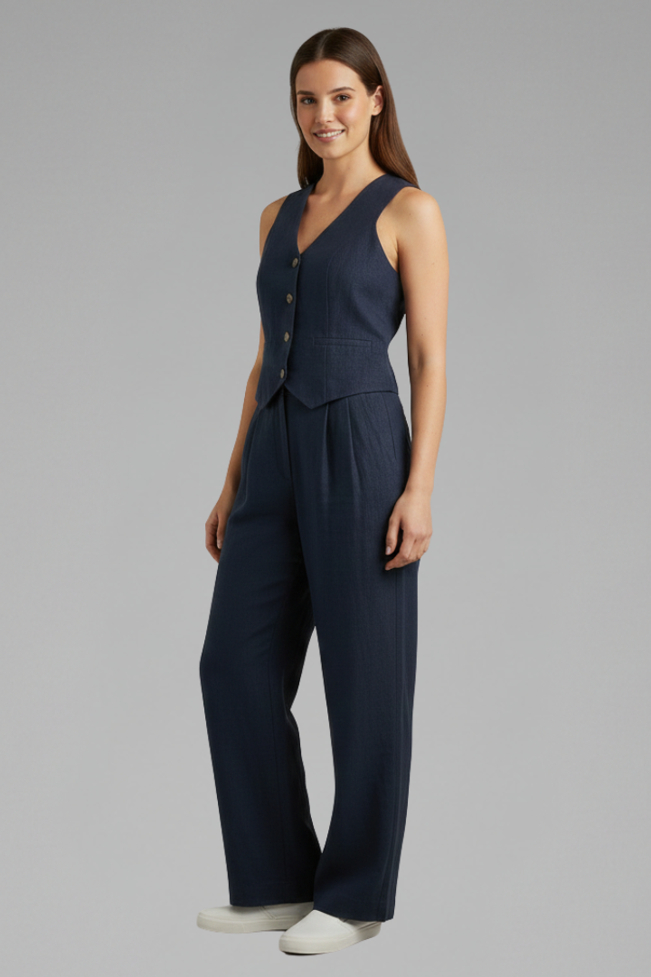 Modern women's two-piece set. Elegant V-neck sleeveless waistcoat & wide-leg trousers. Perfect for summer fashion.