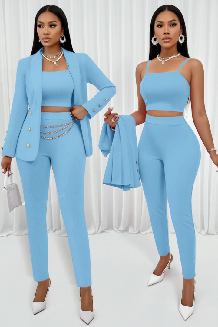 Elegant women's two-piece suit set featuring a cami top & straight-leg pants. Ideal for business casual.