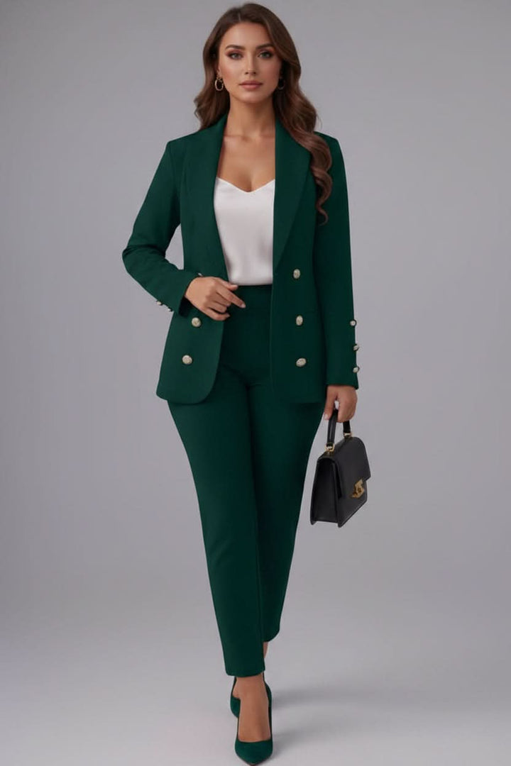 Tailored women's professional suit set. Elegant cami top & straight-leg pants for a sophisticated business casual style.