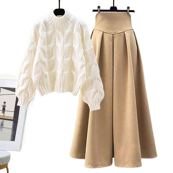 Comfortable women's long sleeve sweater and pleated skirt set. Versatile outfit for casual or dressy occasions.